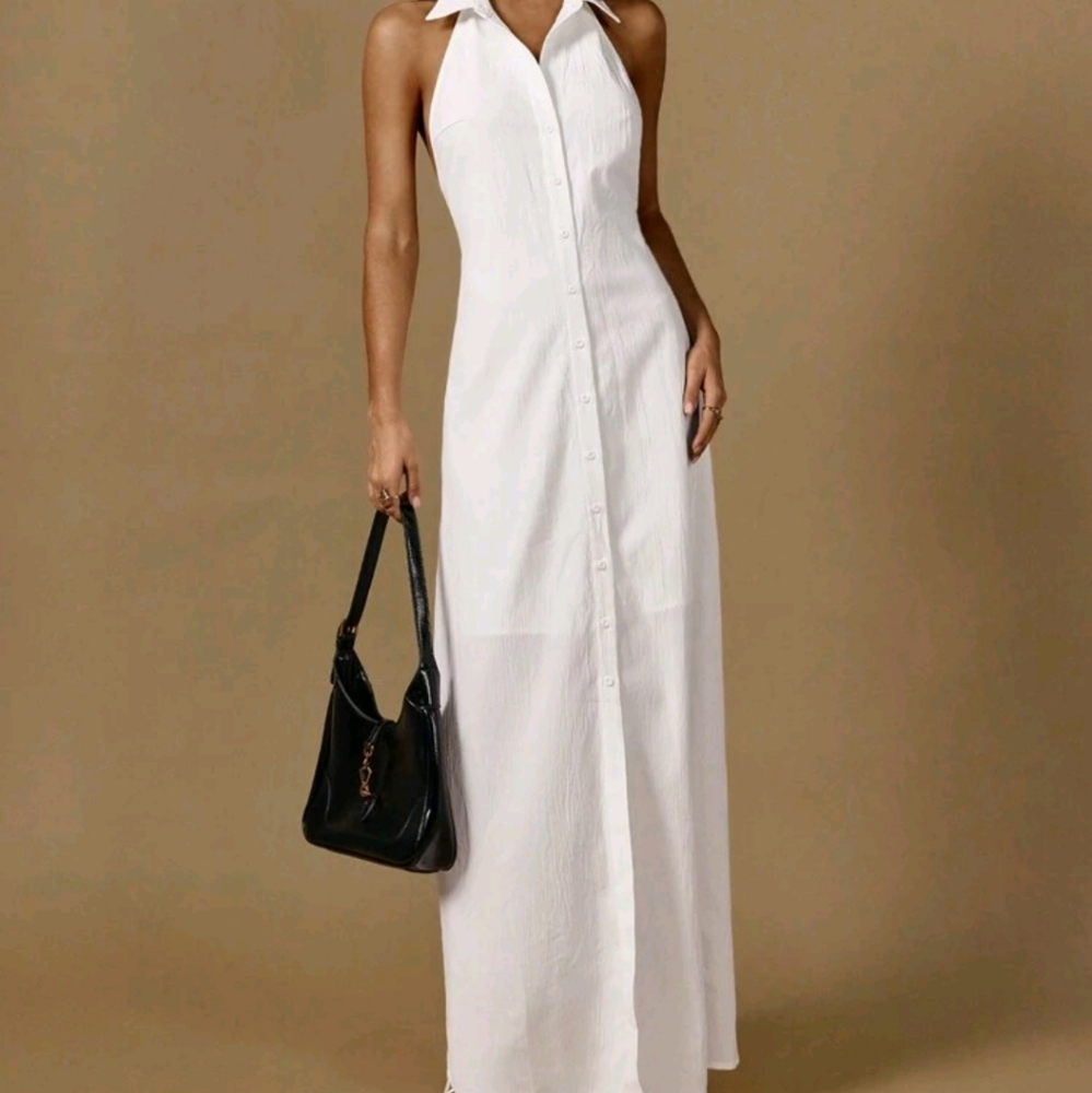 Halterneck Lapel Sleeveless Front Button Waist Line Maxi Shirtdress Casual Dress - Picture 7 of 7